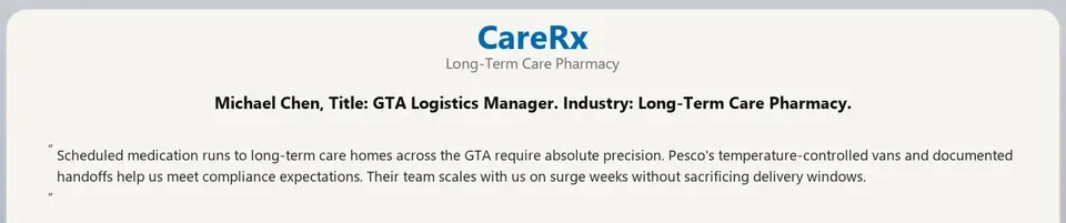 Testimonial card from CareRx