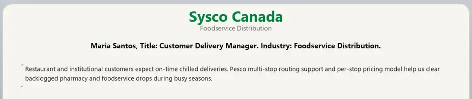 Testimonial card from Sysco Canada
