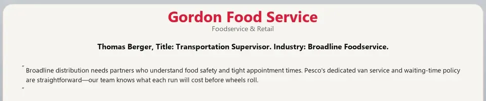 Testimonial card from Gordon Food Service